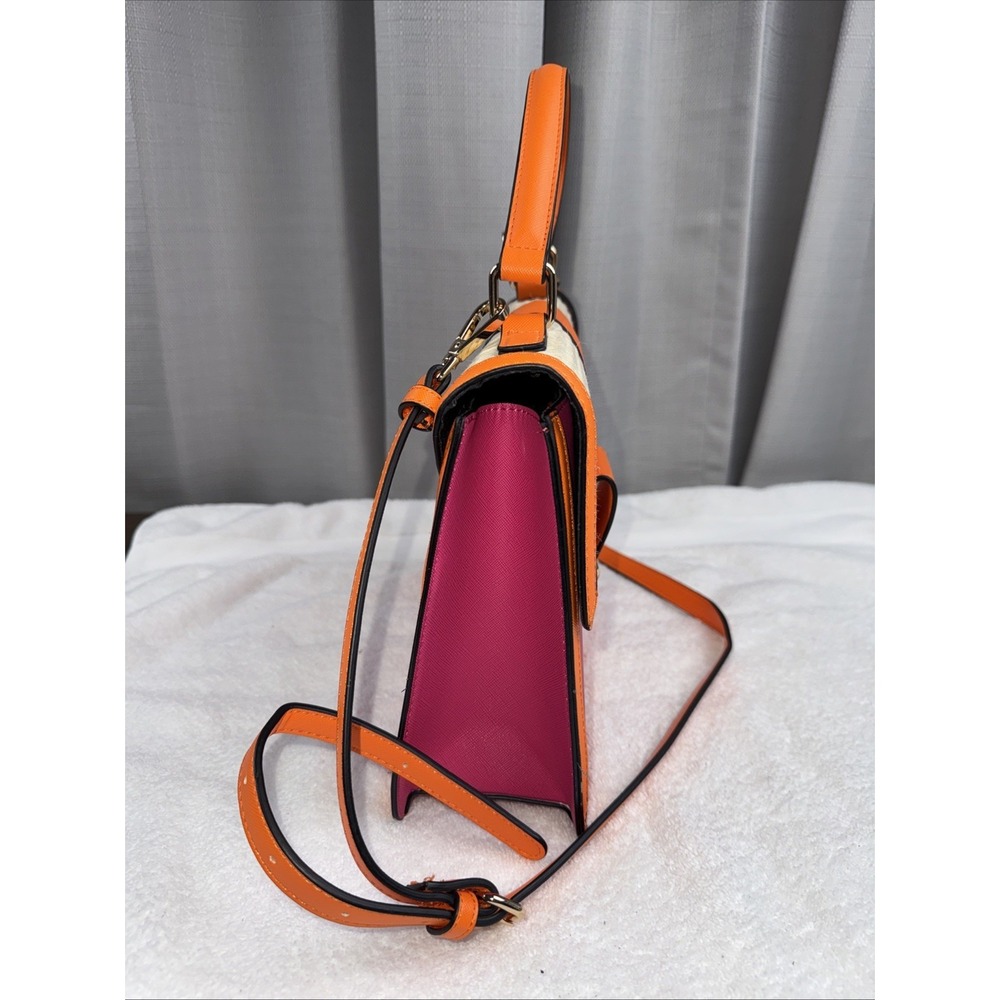 Aldo Satchel Handbag Hot Pink Orange Tan Raffia With Floral Embroidery EUC Cute! - Picture 4 of 9